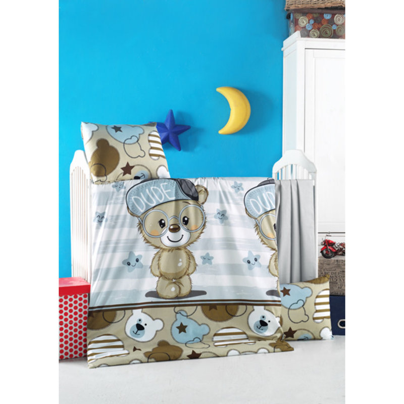 Ensemble de housse de couette 100% coton Ranforce, brun, blanc et bleu, housse de couette 39,4 po x 59,1 po | Drap plat 39,4 po x 59,1 po | 2 taies d'oreiller 13,8 po x 17,7 po | Enveloppe et fermeture à boutons, lavable à la machine, douce et confortab
