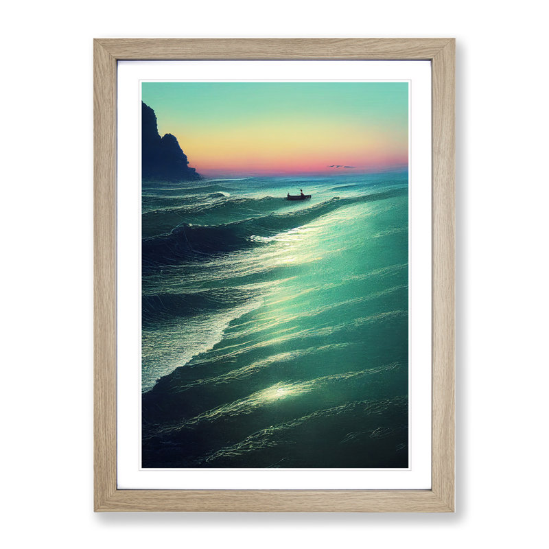 XV1022-1128X Boat By The Coast - Print, Oak Framed, White, 66cm H x 48cm W x 2cm D