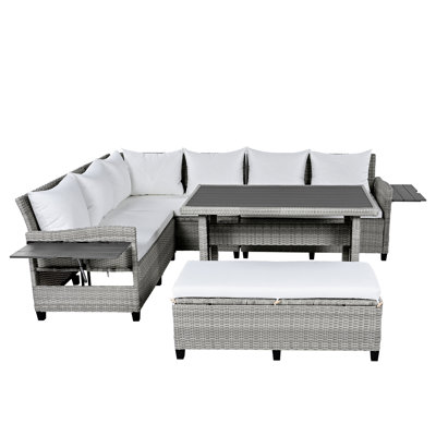 TOMAX 5-Piece Versatile White PE Wicker L-Shaped Outdoor Patio Sofa Set with 2 Extendable Side Tables, Dining Table & Washable Covers