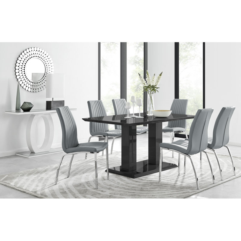 Edzard Double Pedestal High Gloss Dining Table Set with 6 Soft Touch Faux Leather Dining Chairs, Grey, Grey