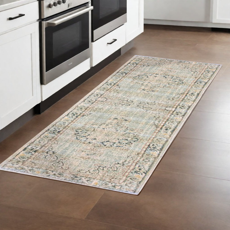 8' Sea Green Medallion Power Loom Runner Rug