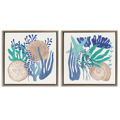  Coastal Coral & Seashells 2 PC Framed Floater Canvas Set by Veronique Charron