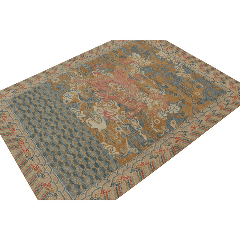 Rug & Kilim’S Distressed Dragon Rug In Ochre, Blue And Red Pictorial, Rectangle 9' x 12'