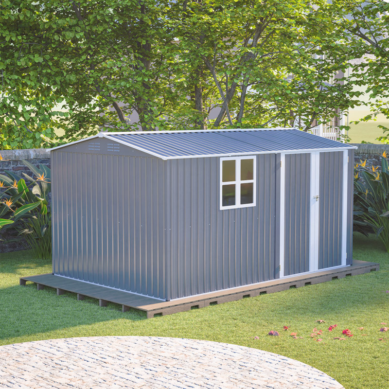 Remise de rangement extérieure 8 pi x 12 pi, bâtiment en acier très résistant avec fenêtre - avec portes à charnières grises et 4 bouches d'aération