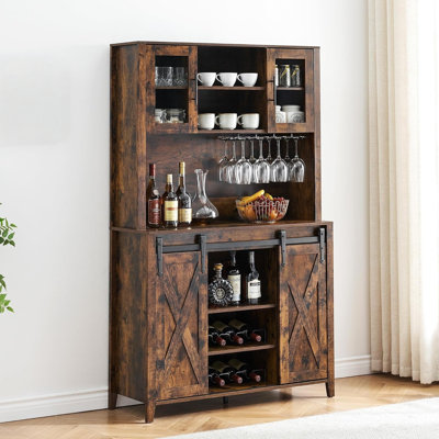 Armoire à vin de 70 po avec huche de rangement, armoire à café haute avec portes de grange coulissantes, porte-verres à vin, bar à café de style maison de campagne