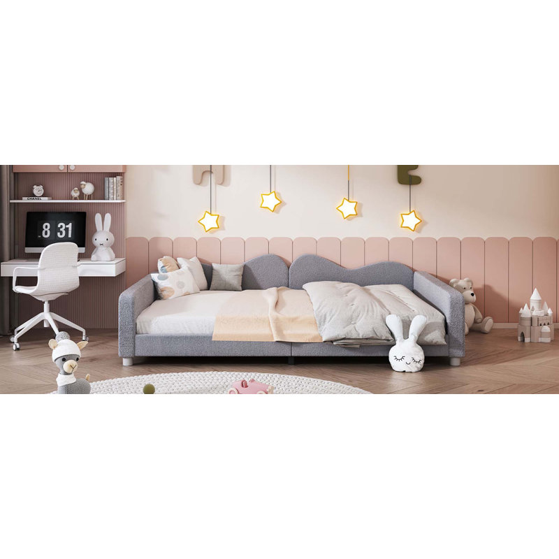 Upholstered Daybed, Sherpa Fabric Sofabed with Cloud-Shaped Backrest, No Box-spring Needed, Full, Gray
