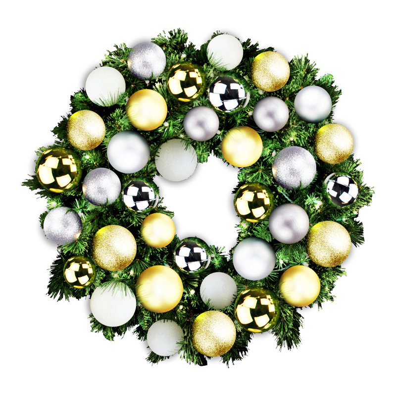 Faux Lighted Pine 36'' Wreath, 8" H x 36" W x 36" D, Silver/Gold
