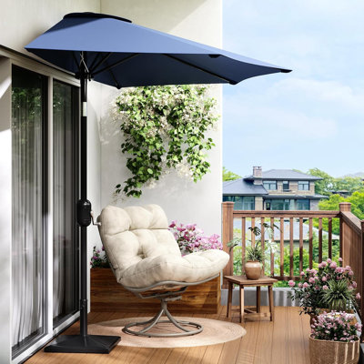9 ft. Half Round Patio Umbrella, Solar LED Lighted with Hand Crank Lift & Push Button Tilt in Navy
