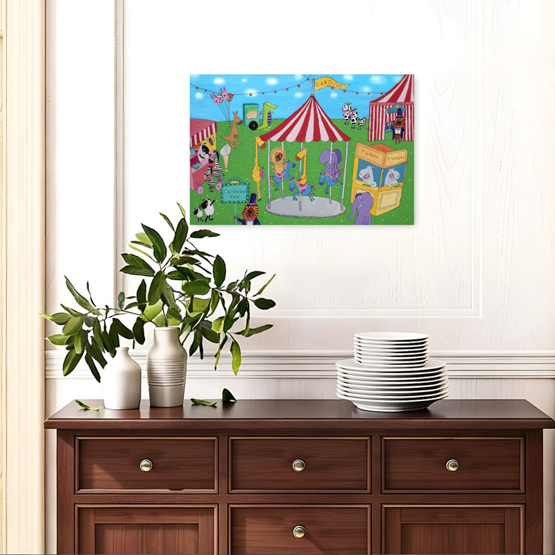 Animals Carousel Fun Playful Whimsical Contemporary Alligator Cow Elephant Animal Architecture Wall Art Print 1 Piece Wrapped Canvas Wall Art