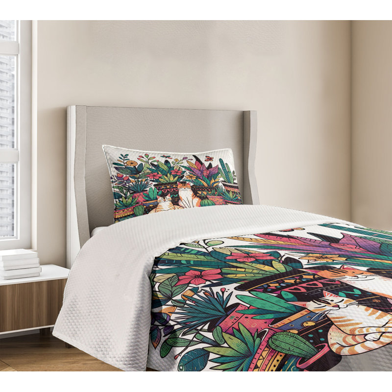 Gray Twin Quilted Bedspread Set with Cat Design