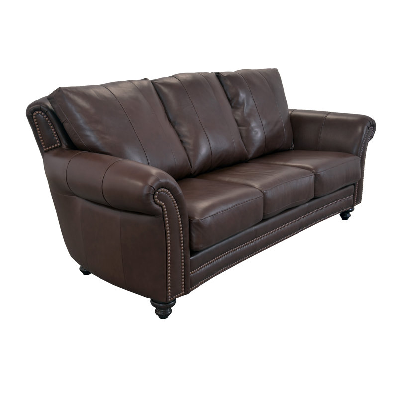 Stephie 90" Genuine Leather Rolled Arm Sofa, Berkshire Dark Brown Genuine Leather