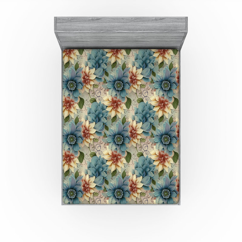 Drap-housse rustique Ambesonne, Drap-housse grand, Bleu sarcelle pâle, crème, rubis pâle / floral
