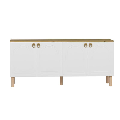 Modern Console Table, White, 70.9 x 31.9 x 17.7 inches | 100% Melamine Coated Particle Board, Thickness: 0.7 inches | Membrane Coated MDF Doors, Wooden Legs, Numerous Shelves, Wall-Mountable, Scandinavian Design