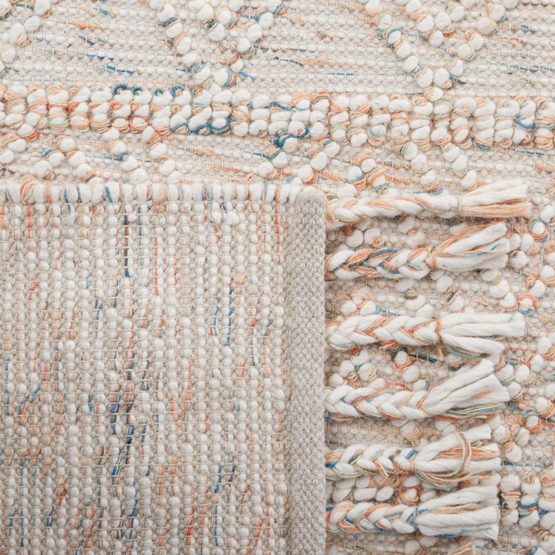 Leming Hand Loomed Wool/Cotton Geometric Rug in Ivory/Blue, Rectangle 6' x 9'