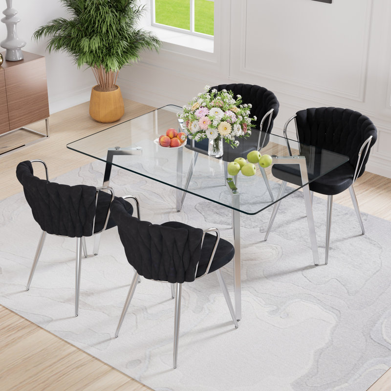 51in Rectangle Glass Top Dining Set, 5, Black