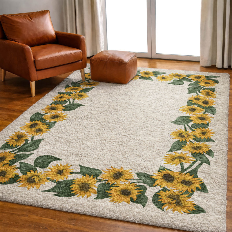 Premium Machine Washable Dream Shag ADS172 Sunflower Border Rug, 8' x 10'