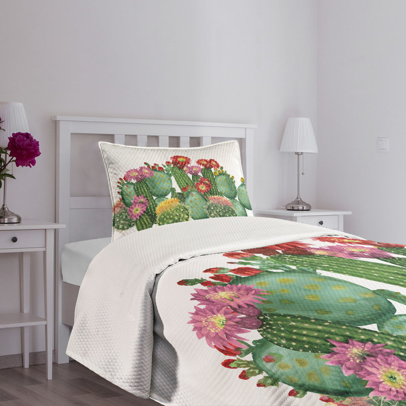 White Twin Kids Unisex Quilted Bedspread Set with Cactus Design