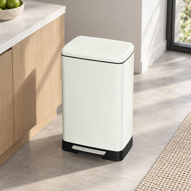 Poubelle à pédale en acier inoxydable blanc, 53 litres (14 gallons), avec couvercle à fermeture douce et seau intérieur amovible.