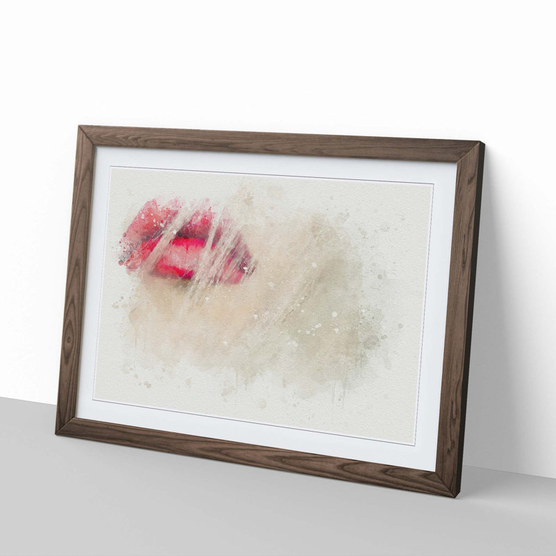 Pink Lips in Abstract - Framed Print, 35cm H x 50cm W x 2cm D, Walnut