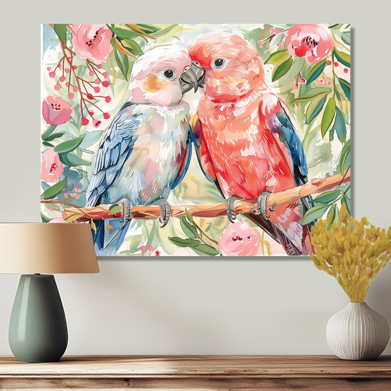 Reproduction d'art perroquet rose et vert Love Birds II, Sans cadre, métal, H 24 po x l 32 po