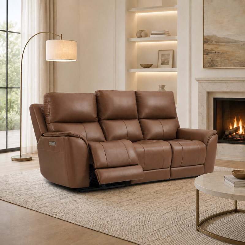Canapé inclinable électrique en cuir 3 places avec gravité zéro et port USB intégré, Marron clair