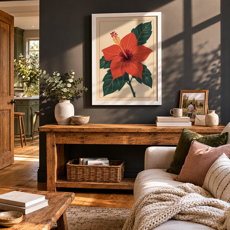 Red Hibiscus Bloom Botanical - Framed Print, A1 - 84.1 x 59.4 cm, White