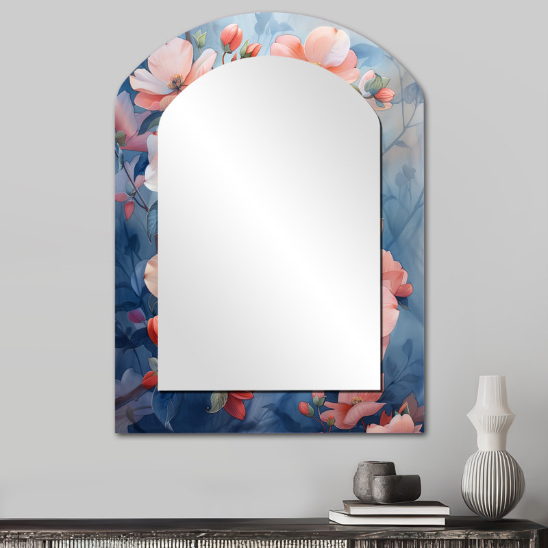 Pink Blue Garden Of Dreams Dogwood II - Dogwood Asymmetrical Decorative Wall Mirror, Traditional Arch Mirror, Printed Metal Art