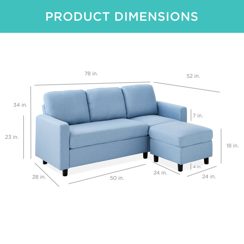 Shaine Linen Sectional Sofa Couch w/ Chaise Lounge, Reversible Ottoman Bench, Light Cyan 100% Polyester