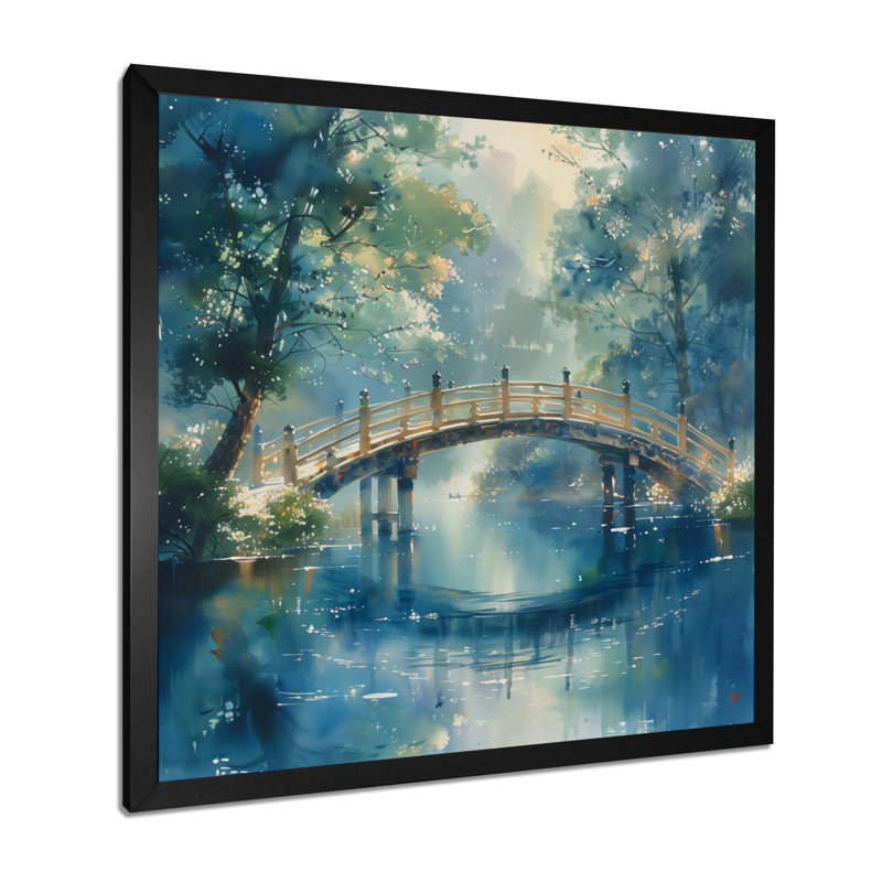 Bleu, vert, rivière, croisement, parc, pont, ponts, art mural, salon, Toile encadrée noire simple, H 16 po x l 16 po x P 1 po