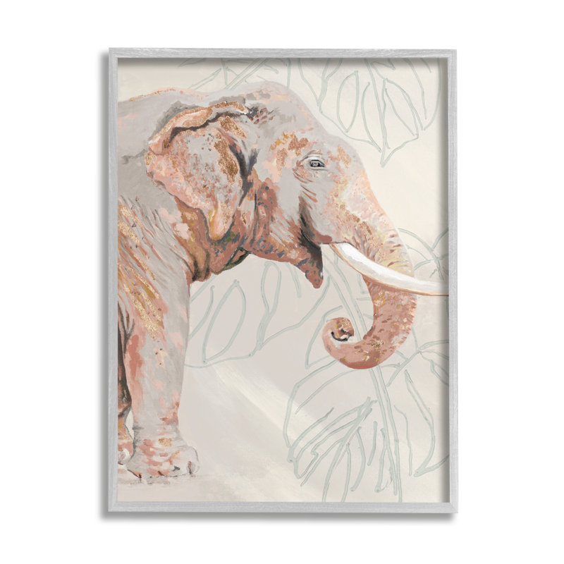Éléphant et feuilles tropicales par Patricia Pinto, H 20 po x l 16 po x P 1,5 po, Giclée encadrée noir minuit