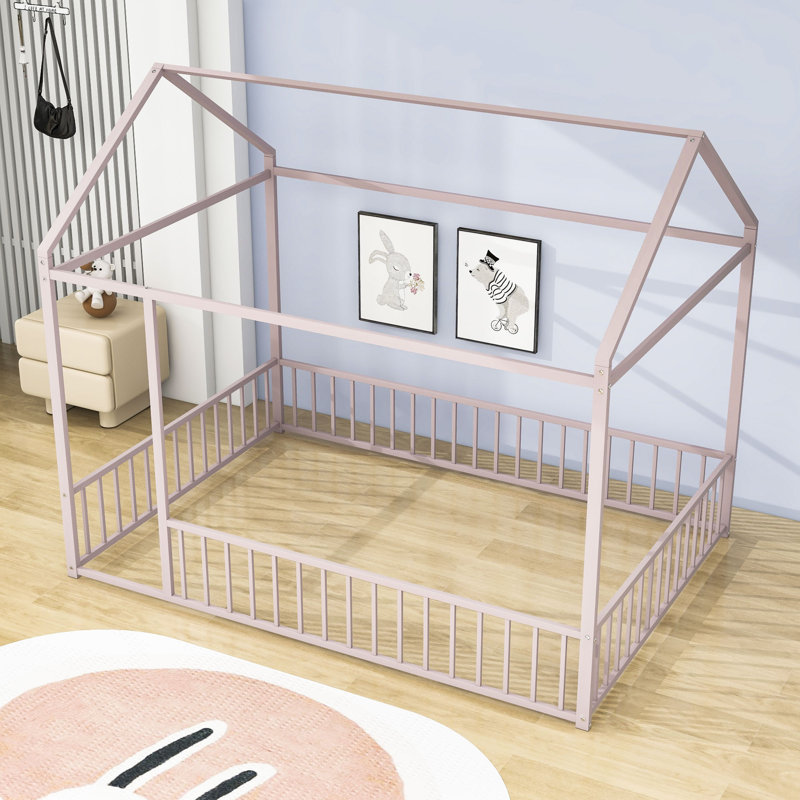 Structure de lit plateforme en métal avec clôture Airlia, Rose