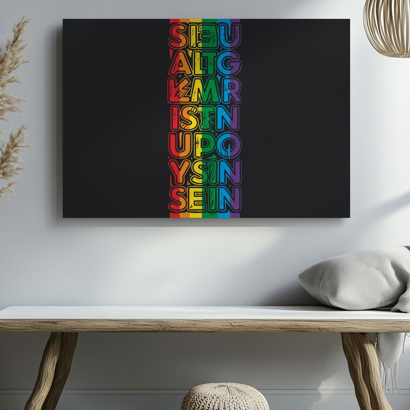 Toile, "Design A Vibrant Bold", art graphique comportant un arrangement vertical de divers mots colorés représentant l'art mural sur toile