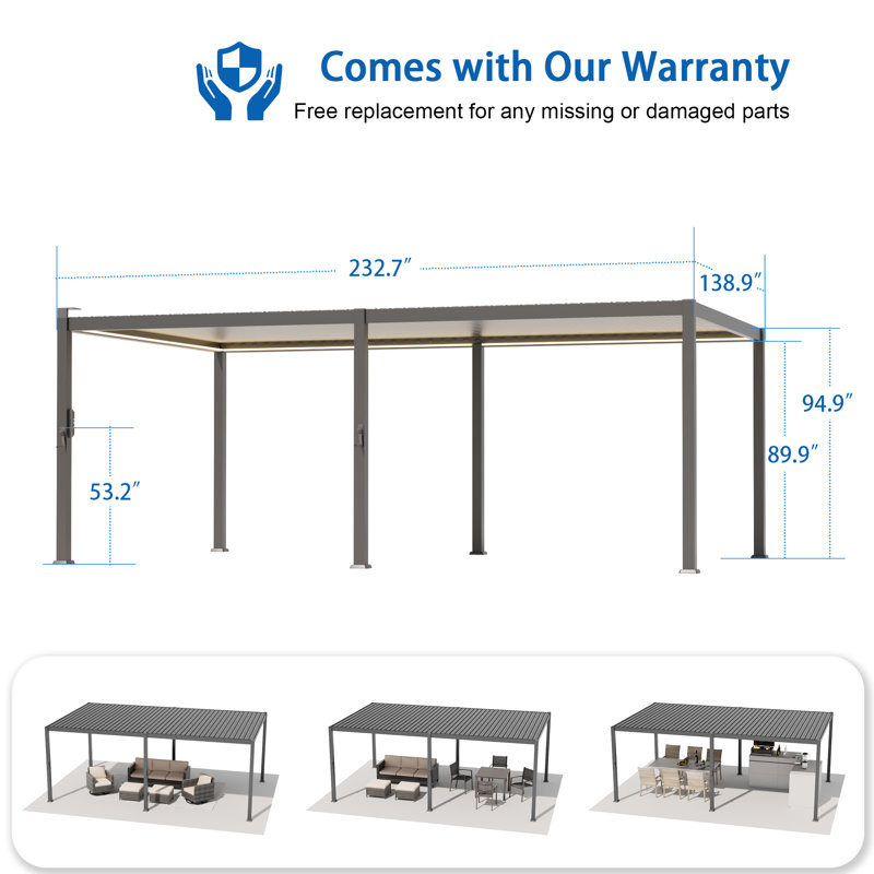 LED Louvered Pergola,Outdoor Pergola with LED Strip Lights, Adjustable Roof Metal Pergola for Patio & Garden, 12 ft x 20 ft