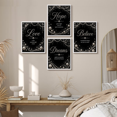 Élégante perle étoilée noire, citation inspirante, typographie, décoration murale, Love Hope Dreams Believe Smile Wonder, ensemble de 6 reproductions d'art encadrées, décor de chambre à coucher, salon, bureau
