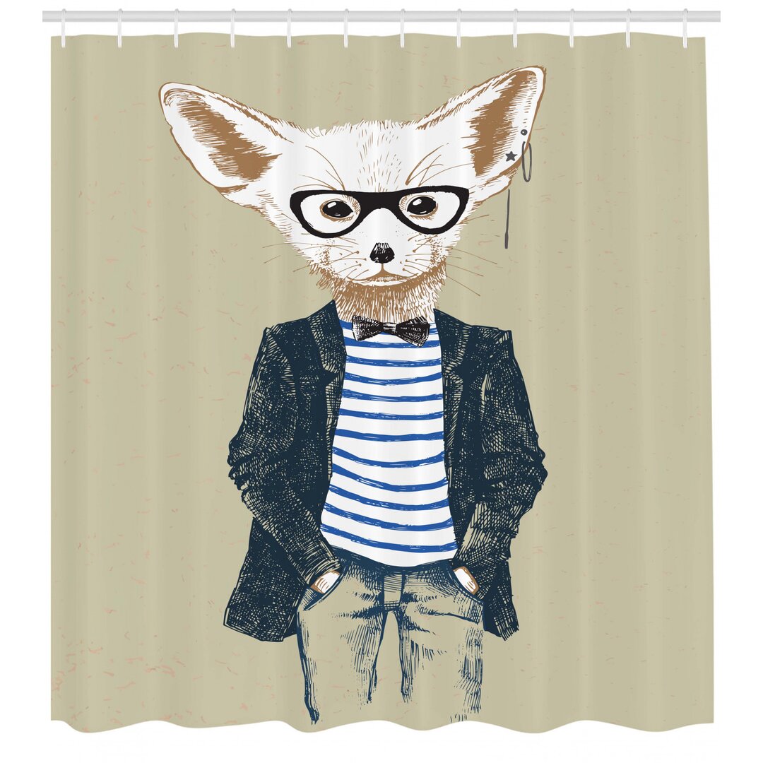 Duschvorhang, Kühle Fennec mit Ohrringe, Hipster, Pale Khaki Mehrfarbig