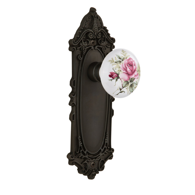 Victorian Plate with White Rose Porcelain Door Knob, 2-3/4”, Oil-Rubbed Bronze