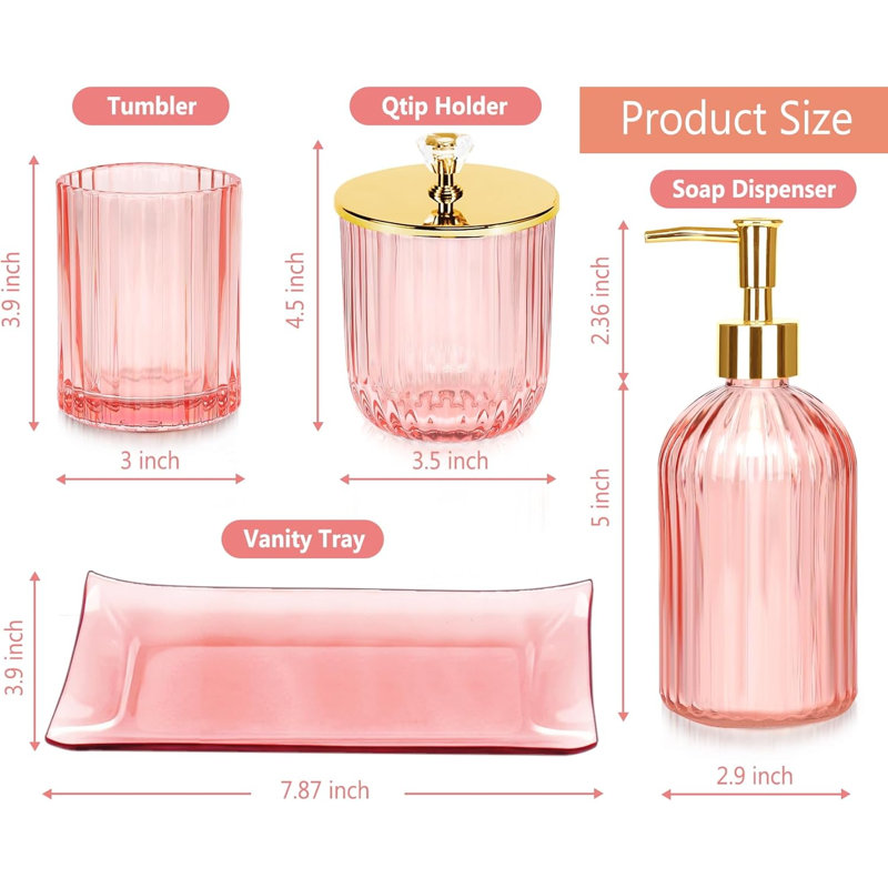Pink glass bathroom accessory set