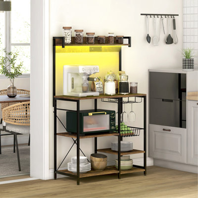 Étagère de boulanger avec prise de courant et lumières DEL, étagères de boulanger pour la cuisine avec rangement, support à micro-ondes industriel avec supports en verre, panier en métal, tablettes multiples