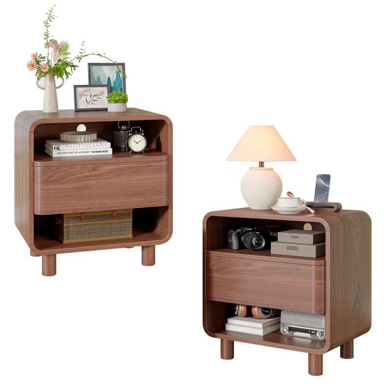 Modern Nightstand W/open Shelf Storage, Mid Century Night Stand Set Of 2, With Drawer, Curved Profile, Wood Bedside End Table For Bedroom, Walnut