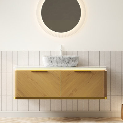 Meuble-lavabo de 48 po comprenant un comptoir en pierre frittée de haute qualité, une armoire en noyer foncé et un bassin en céramique à motif de dureté en marbre, de grands tiroirs de rangement avec système de fermeture en douceur, un capteur