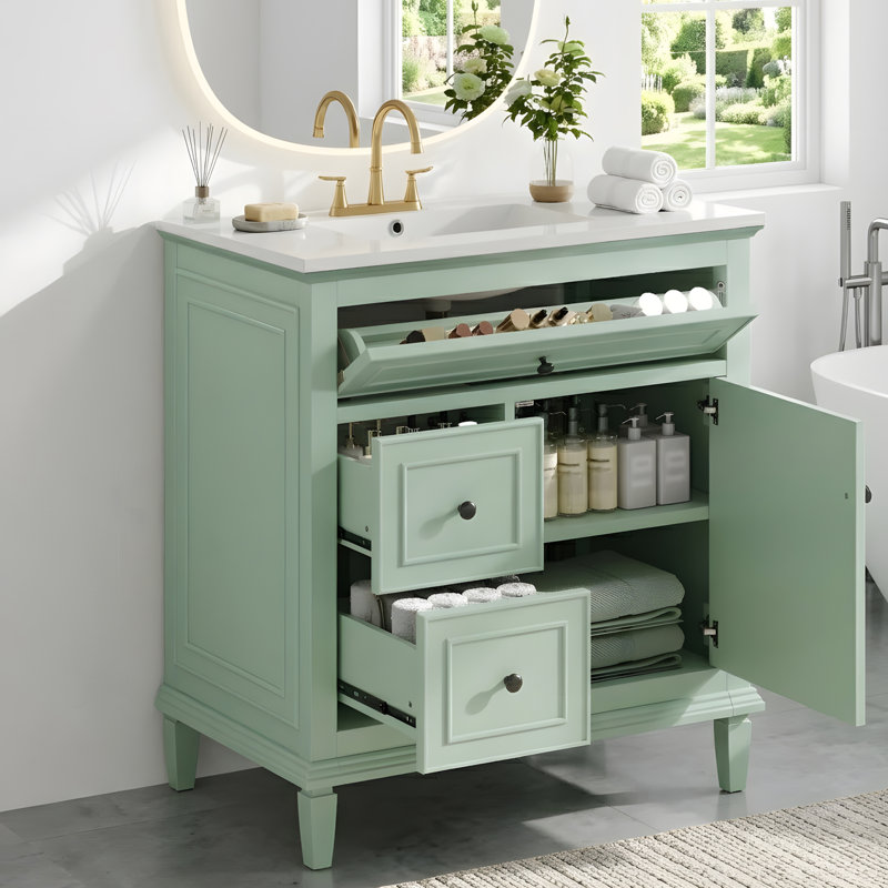 Meuble-lavabo de salle de bain avec lavabo et rangement polyvalent, Vert clair, 30