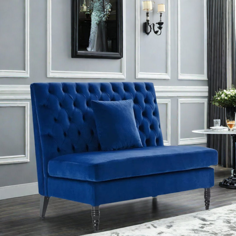 Banc rembourré en velours, Bleu, 55 po de largeur