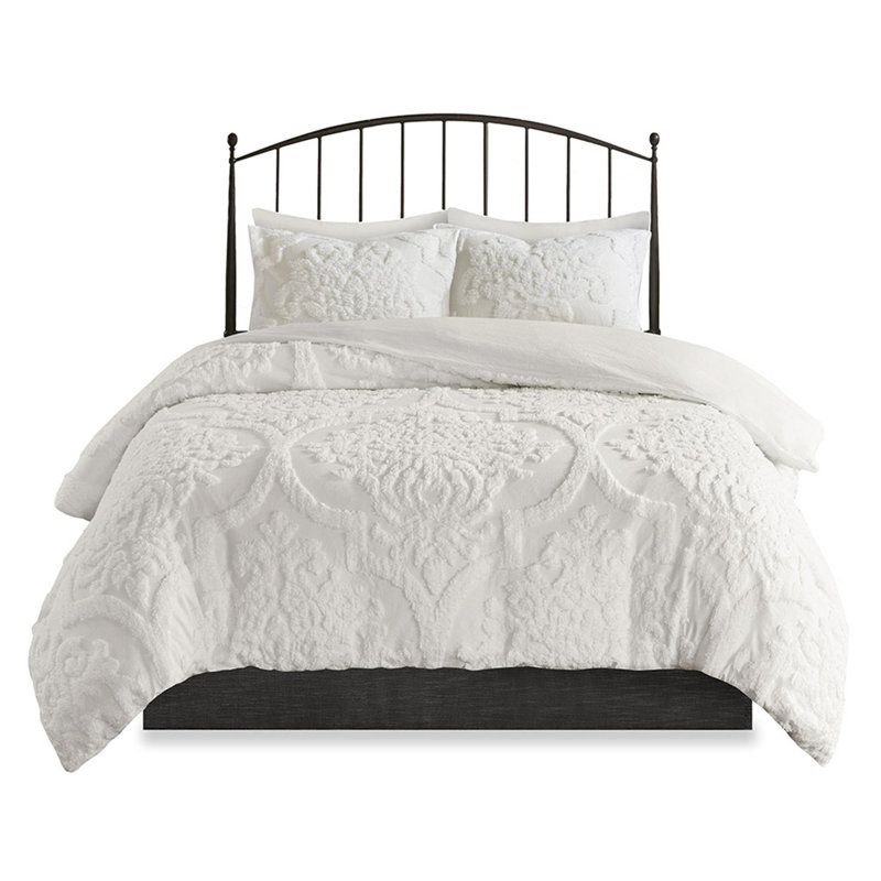 Ensemble d'édredon en coton touffeté 3 pièces, Édredon double + 2 taies décoratives standards, Blanc cassé