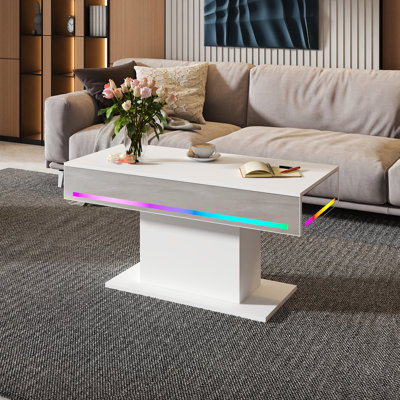 Modern White Coffee Table, Rectangular Coffee Table with RGB Lights for Living Room