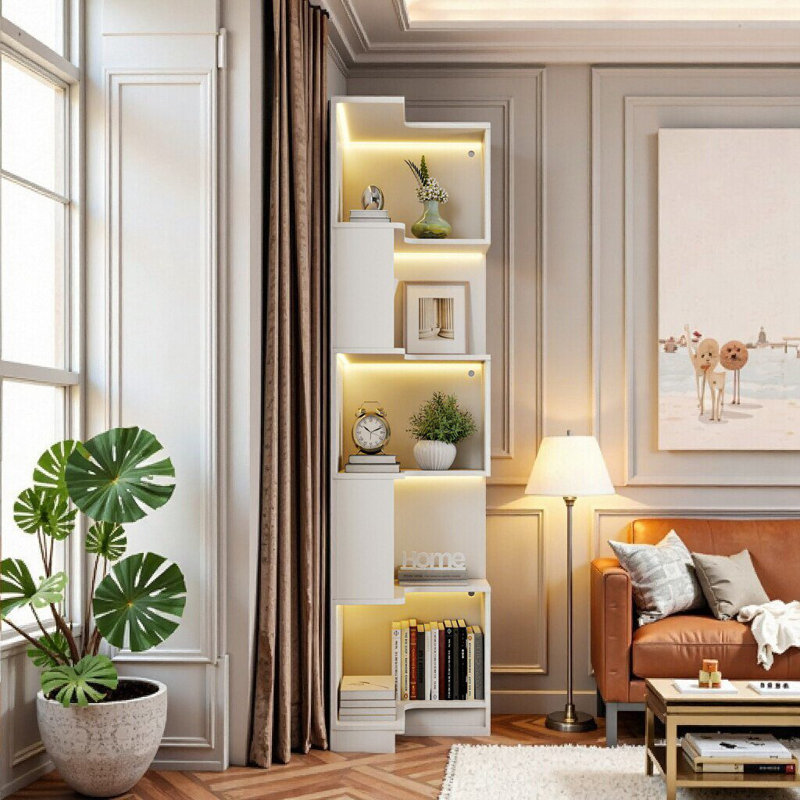 Unavela 5-Tier L-Shaped Corner Bookshelf With LED Lighting & Baffle, White
