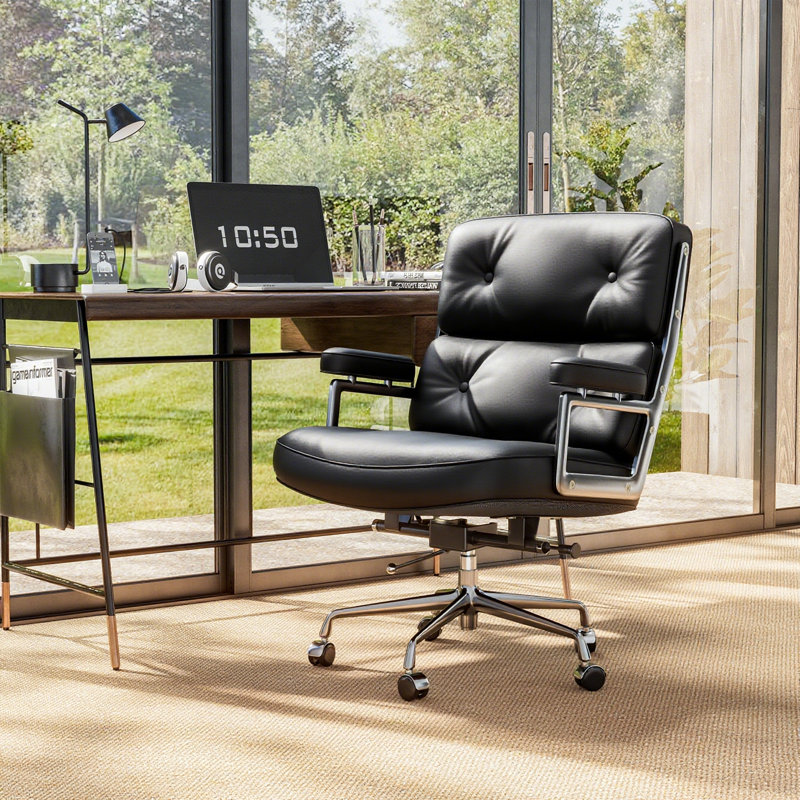 Fauteuil de direction en cuir véritable avec structure et roues en aluminium, fauteuil de bureau pivotant avec dossier épais et soutien lombaire ergonomique