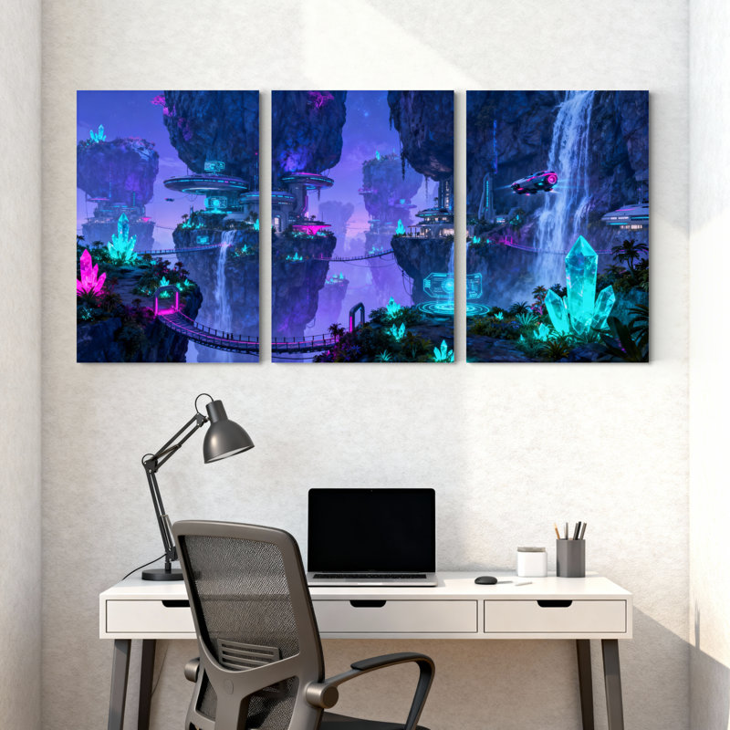 Fantaisie et science-fiction, îles flottantes, cristaux néon, chutes d'eau, paysage futuriste, plantes lumineuses, véhicule planant, ensemble de 3 impressions sur toile
