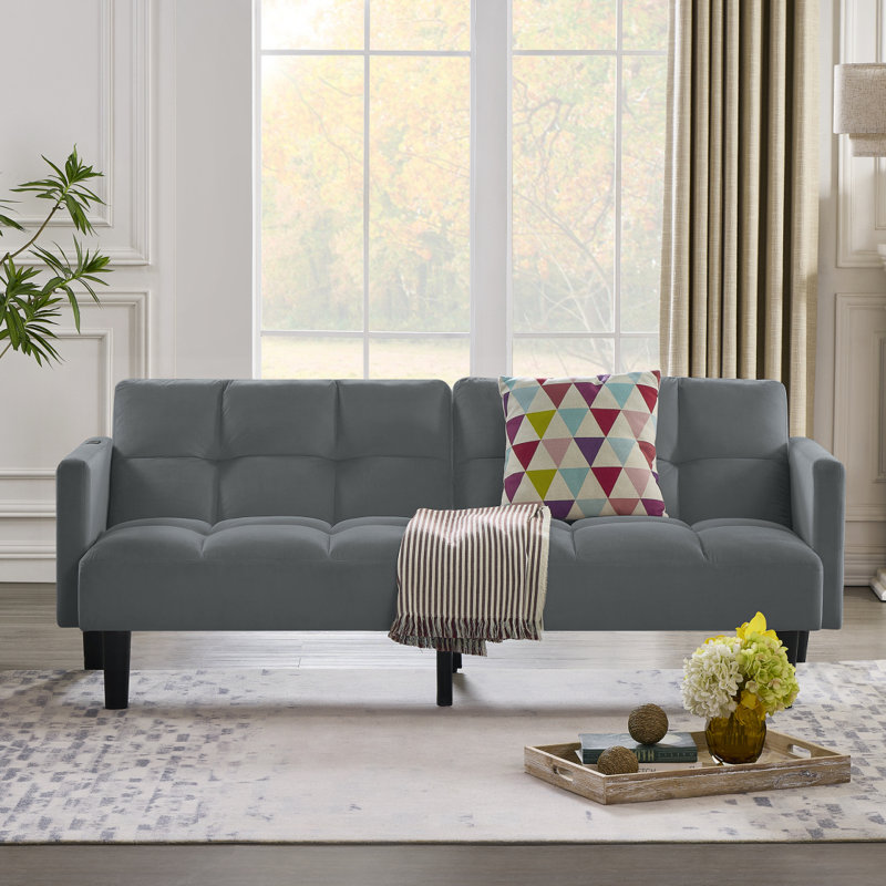 Velvet Futon Couch Convertible Folding Sofa Bed Tufted Couch For Apartment, Gray