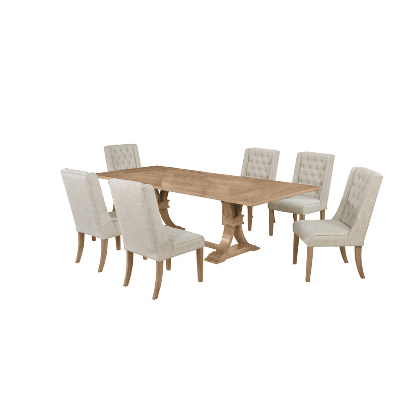 Table de salle à manger à rallonge en bois rustique de 72 po à 104 po avec chaises en lin capitonnées Dions, Rustique naturel