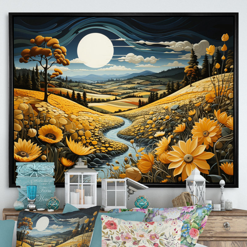Countryside Yellow Fields In I, reproduction d'art sur toile, Cadre flottant noir, H 34 po x l 44 po x P 1,5 po